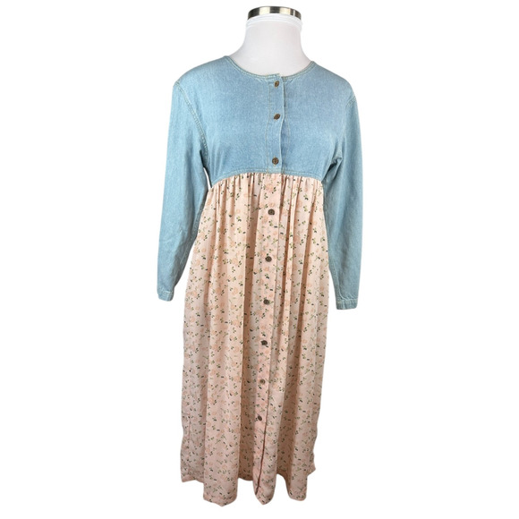 Vtg 90s Express Prairie Dress Denim Bodice Floral Maxi Cottagecore Coquette M - Picture 2 of 15